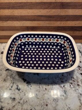 Ceramic Rectangular Baking Dish in Navy Blue Polka Dot